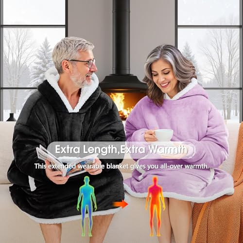 JOYWOO Purple Wearable Blanket Hoodie,Oversized Cat Lovers Sweatshirt Blanket for Adult, Birthday Gifts for Women,Mom,Men,Cozy Fuzzy Sherpa Hooded Blanket Giant Pocket Gifts,Purple - Image 4