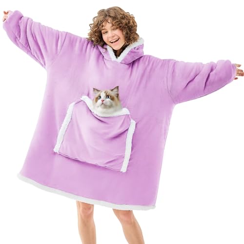 JOYWOO Purple Wearable Blanket Hoodie,Oversized Cat Lovers Sweatshirt Blanket for Adult, Birthday Gifts for Women,Mom,Men,Cozy Fuzzy Sherpa Hooded Blanket Giant Pocket Gifts,Purple - Image 1