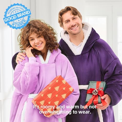 JOYWOO Purple Wearable Blanket Hoodie,Oversized Cat Lovers Sweatshirt Blanket for Adult, Birthday Gifts for Women,Mom,Men,Cozy Fuzzy Sherpa Hooded Blanket Giant Pocket Gifts,Purple - Image 2