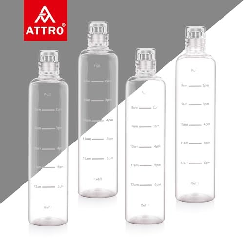 ATTRO Crystal 1000ml Plastic Water Bottle BPA Free Leakproof, Fridge Safe with Time Marker to Track Hydration, Encourages Water Intake Set of 4- Transperent Clear - Image 3