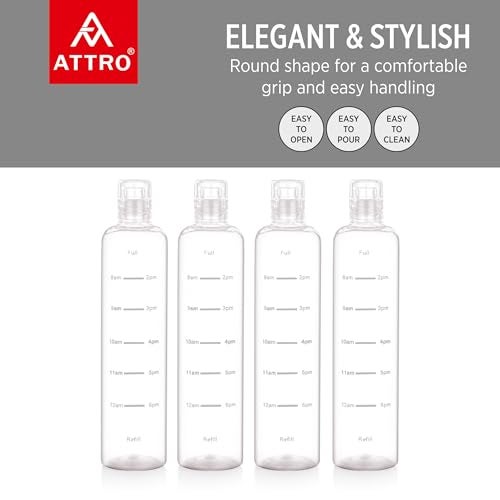 ATTRO Crystal 1000ml Plastic Water Bottle BPA Free Leakproof, Fridge Safe with Time Marker to Track Hydration, Encourages Water Intake Set of 4- Transperent Clear - Image 2