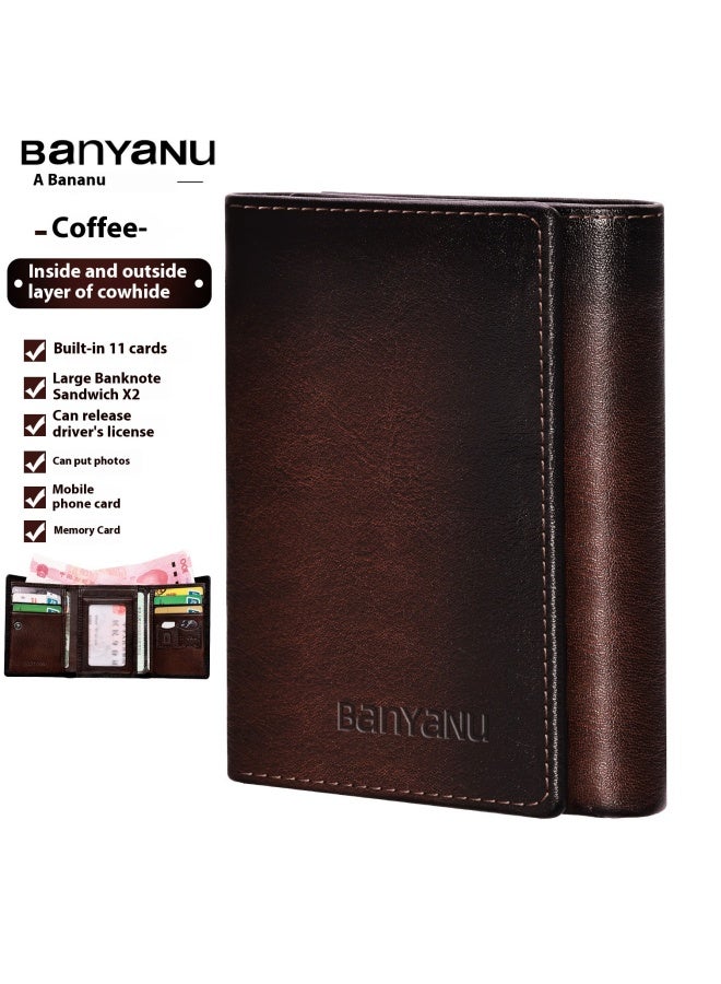 بانيانو محفظة رجالية جلدية قصيرة للرجال ثلاثية الطيات من الجلد متعدد البطاقات بفتحة متعددة البطاقات من جلد البقر بني (بطانة داخلية من جلد البقر) - Image 1