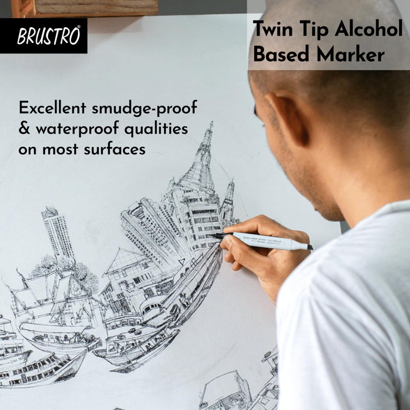 BRUSTRO Twin Tip Alcohol Based Marker|Set of 2 - Black & Colourless Blender |Tip Size - Broad 1-7mm line, Fine 0.7mm| Ideal for Texturing,Sketching,Waterproof,Graffiti,Comic Artist,Architect,Fine Art - Image 2