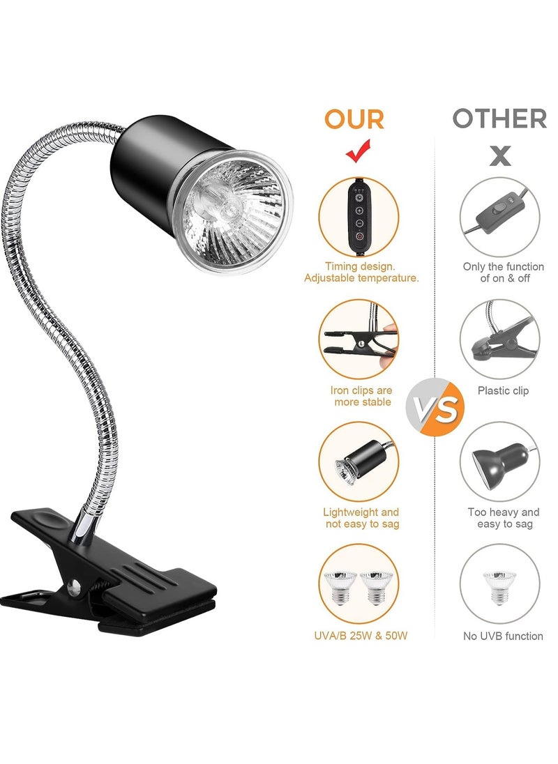 Reptile Heat Lamp, Reptile Light with 360° Rotatable Hose, Heat Lamp with 2 Bulbs (25w*1, 50w*1), Suitable for Bearded Dragon, Reptiles, Turtle, Lizard, Snake and more