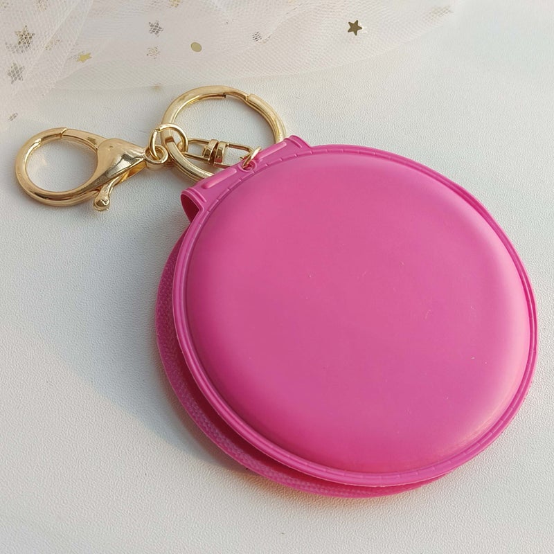 Generic Korean Style Candy Color Makeup Mirror Leather Small Round Mirror Portable Folding Makeup Mirror Keychain Double-sided Mirror Hair Ball Pendant Rose Red