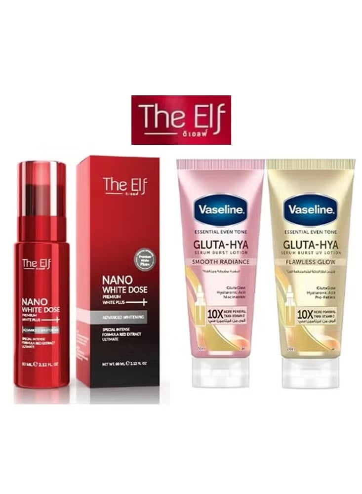 The Elf Nano White Dose Premium White Plus Serum 60ml & Gluta-Hya Serum Burst Lotion Smooth Radiance & Gluta-Hya Serum Burst Lotion (Smooth Radiance / Flawless Glow) - Set