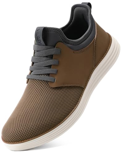 VILOCY Mens Slip On Casual Dress Shoes Hands Free Fashion Sneakers Mesh Tennis Walking Shoes Comfortable Work Shoes Breathable Lightweight Non Slip Brown,EU40 - Image 1