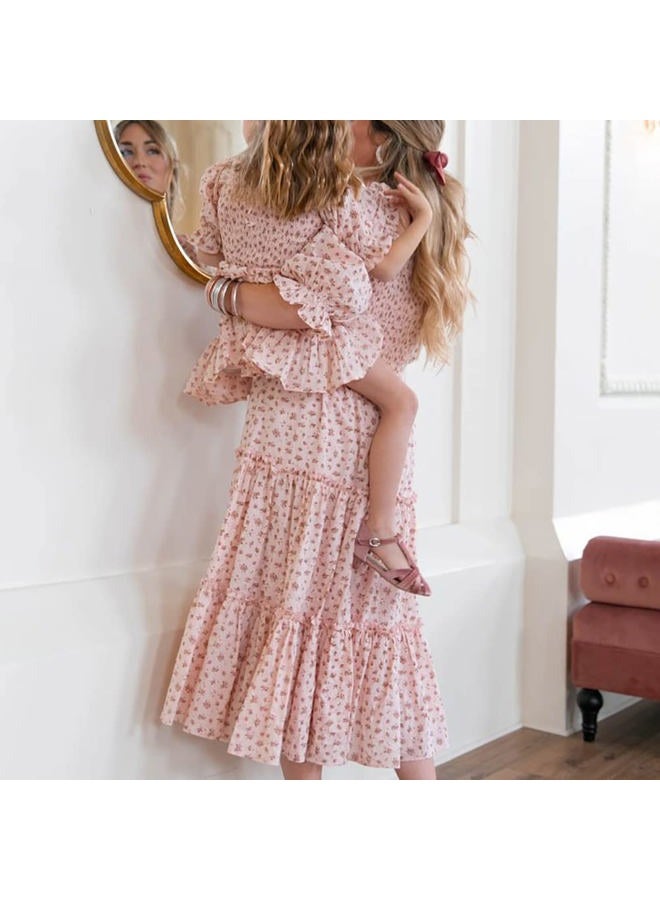 AWIBMK Mommy and Me Matching Dresses Floral Printed Ruffled Short Lantern Sleeves A-Line Long Dress Hidden Back Zipper Closure Summer Mom Daughter Matching Outfits Pink Floral Small, Pink Floral, S - Image 2