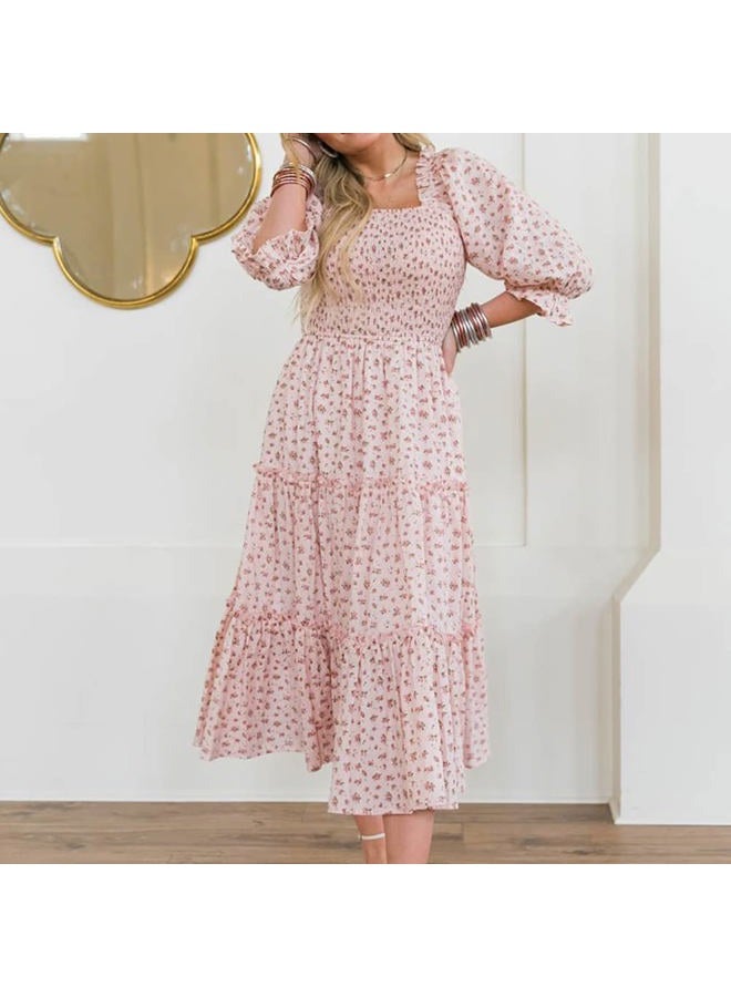AWIBMK Mommy and Me Matching Dresses Floral Printed Ruffled Short Lantern Sleeves A-Line Long Dress Hidden Back Zipper Closure Summer Mom Daughter Matching Outfits Pink Floral Small, Pink Floral, S - Image 3