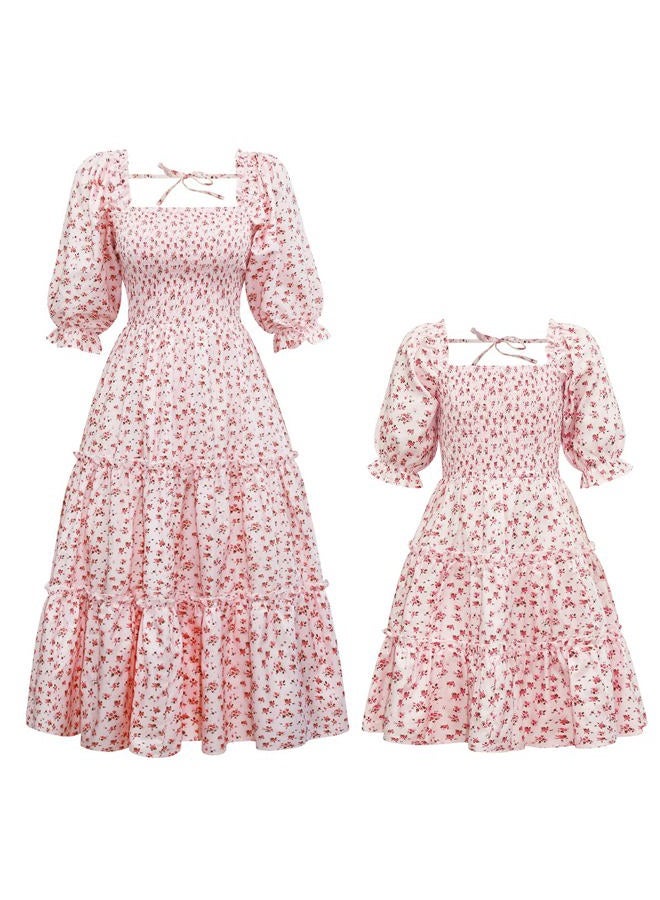 AWIBMK Mommy and Me Matching Dresses Floral Printed Ruffled Short Lantern Sleeves A-Line Long Dress Hidden Back Zipper Closure Summer Mom Daughter Matching Outfits Pink Floral Small, Pink Floral, S - Image 1