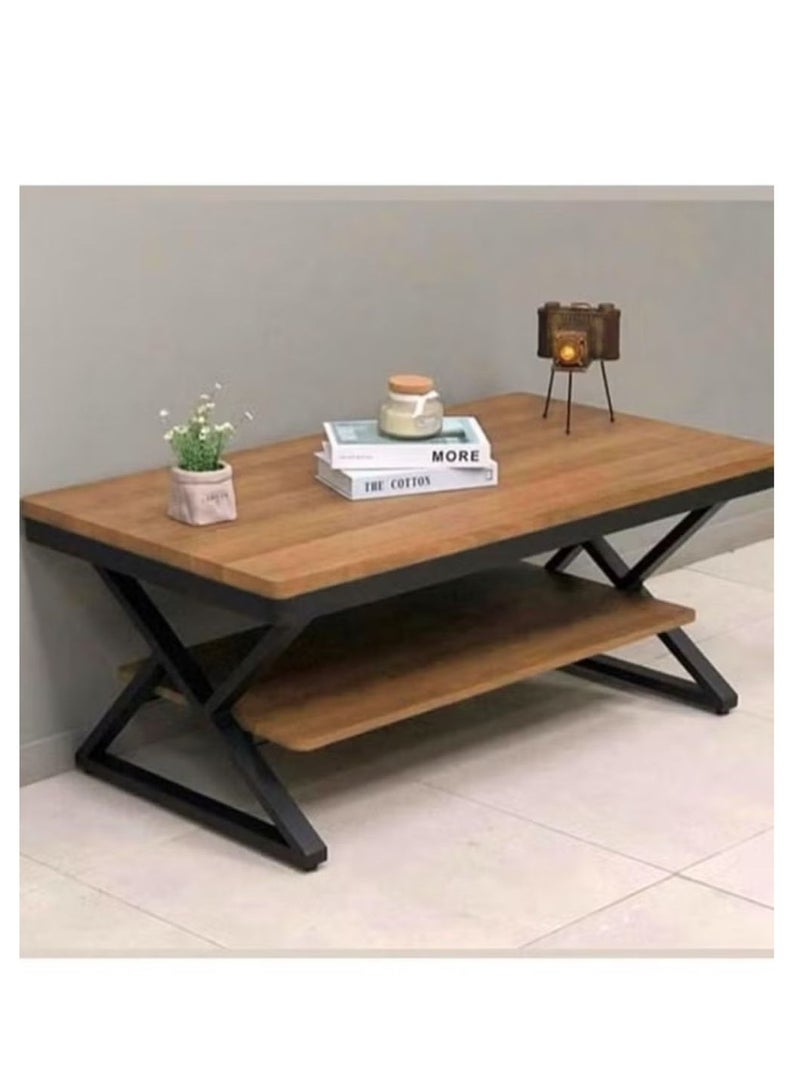 Coffee Table Modern 2-Tier Design Center with Legs, Durable Metal Frame and Wooden Top 110x60x48 cm Brown - Image 1