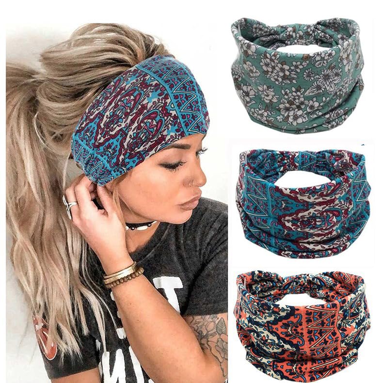 K-Elewon 3 Pack Women Wide Elastic Head Wrap Headband Sports yoga Hair Band (3 Pack(A12)) - Image 2