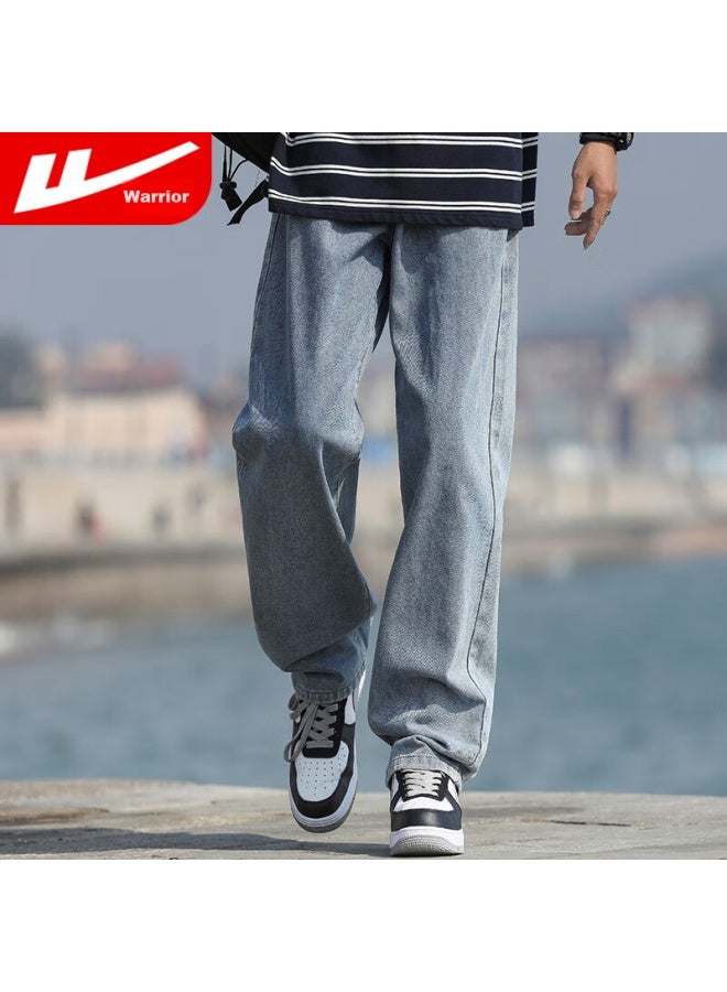 Pull Back Warrior Denim Jeans For Men, Spring And Autumn Straight-leg Casual Pants, Washed Versatile Retro Wide-leg Trousers, Medium Blue XL - Image 1