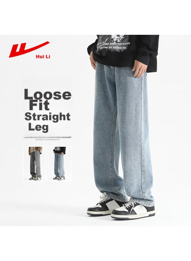 Pull Back Warrior Denim Jeans For Men, Spring And Autumn Straight-leg Casual Pants, Washed Versatile Retro Wide-leg Trousers, Medium Blue XL - Image 2