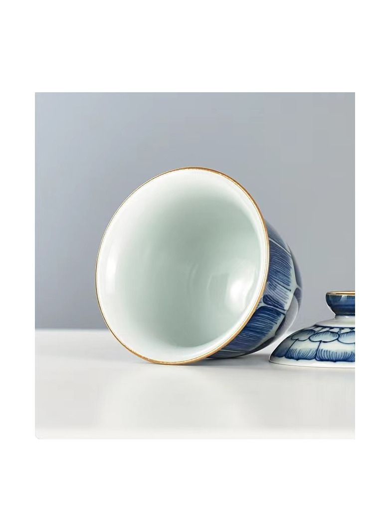 1-Piece Chinese Old Porcelain Blue and White Bowl Tea Set,Chinese Tea Bowl with Cover,Chinese Traditional Handicraft Ceramic Tea Set - Image 4