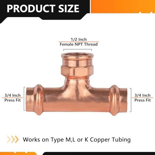 HeSun 1Pack HeSun Copper Press Female Tee 34P x 34P x 12 Female NPT Pressure Fittings PxPxFNPT for Copper Tube ConnectionPRESS078 - Image 3