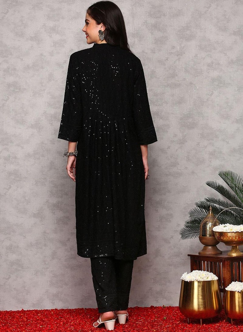 ISHIN Women's Black Rayon Printed Tunic Full Length Casual Regular Fit Kurta Set - Image 5
