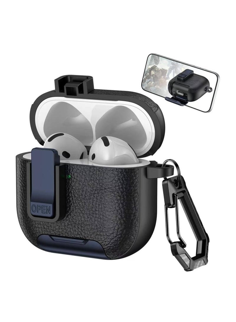 AirPods 4 Case with Phone Stand, Secure Lock Design Silicone Protection with Leather Texture for Airpod 4 (Black Dark BLUE) - Image 1