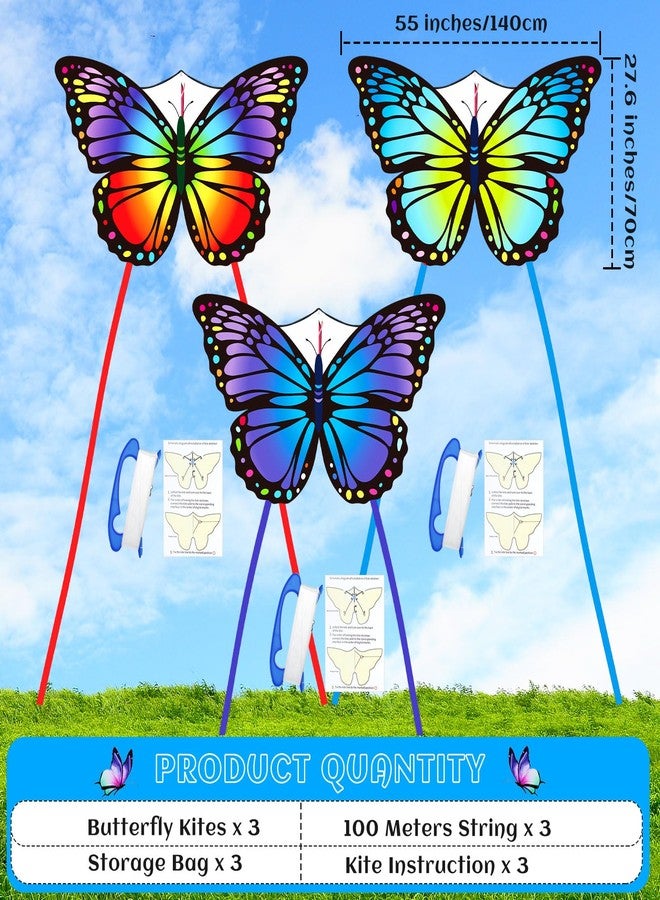 Silipull 3 Pcs Butterfly Kite 55 x 28 Large Kites with 328ft Kite String Beach Colorful Kites for Adults Beginner Outdoor Supplies - Image 2