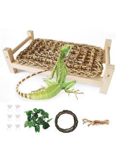Kathson kathson Wooden Bearded Dragon Bed,Lizard Lounger Decor Rectangle Reptile Bed with Sea Grass Mat Terrarium Hanging Plants Climbing Accessories for Leopard Gecko Snake Lizards Chameleon  - Image 1