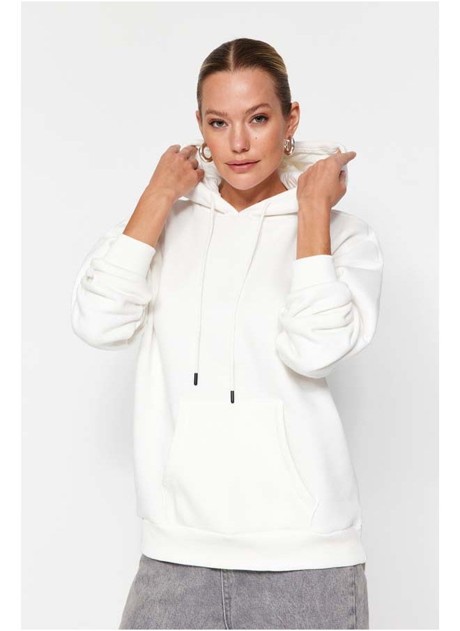 trendyol - Thick Ecru, Fleece Inside Oversized/Wide Fit with a Hooded Basic Knitted Sweatshirt TWOAW24SW00103. - Image 1