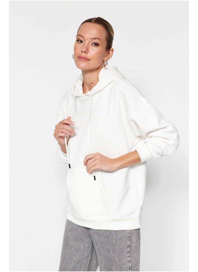 trendyol - Thick Ecru, Fleece Inside Oversized/Wide Fit with a Hooded Basic Knitted Sweatshirt TWOAW24SW00103. - Image 1