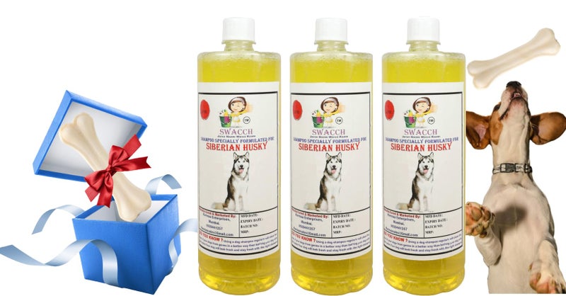 swacch Shampoo | Puppy Safe Shampoo | Siberian Husky Dog Shampoo (1 Litre) (Pack of 3) Lemon + Large White Bone | Dog Chew Bones | Teething chew Toy | Dental Teething |Combo Pack - Image 1