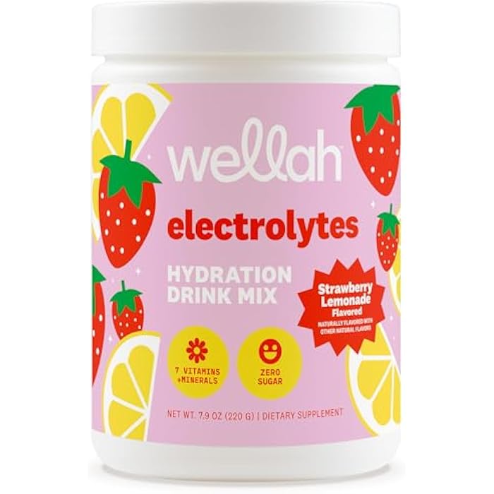 Wellah Electrolytes Powder (Strawberry Lemonade) 50 Servings - Hydration Drink Mix, 7 Vitamins & Minerals, Zero Sugar - Image 1