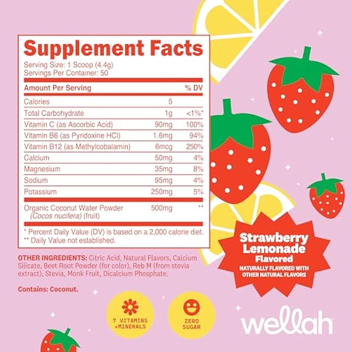 Wellah Electrolytes Powder (Strawberry Lemonade) 50 Servings - Hydration Drink Mix, 7 Vitamins & Minerals, Zero Sugar - Image 2