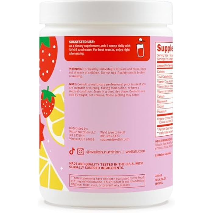 Wellah Electrolytes Powder (Strawberry Lemonade) 50 Servings - Hydration Drink Mix, 7 Vitamins & Minerals, Zero Sugar - Image 3