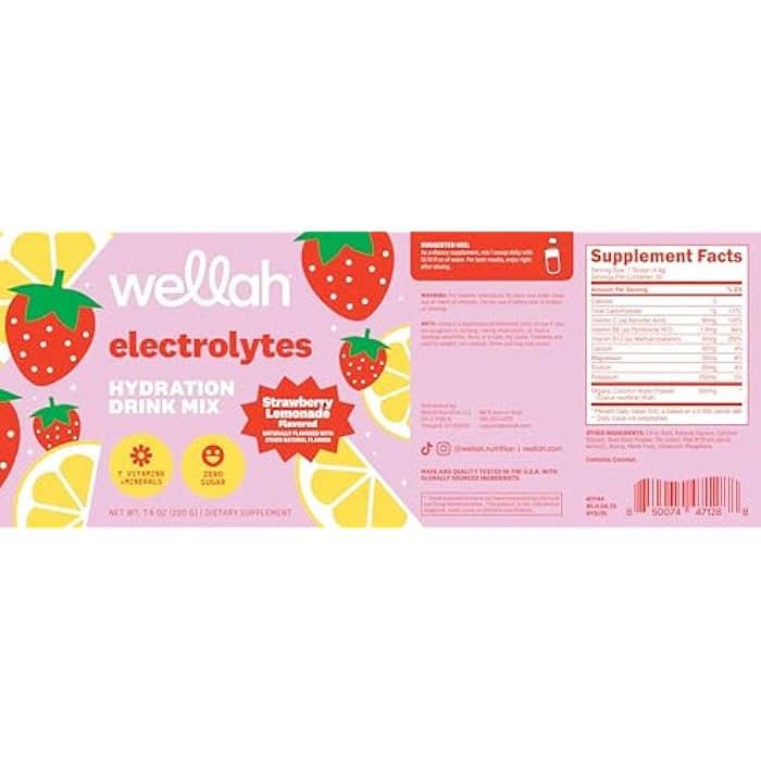 Wellah Electrolytes Powder (Strawberry Lemonade) 50 Servings - Hydration Drink Mix, 7 Vitamins & Minerals, Zero Sugar - Image 5