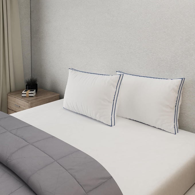 HOME SUPERSOFT MICROFIBER LOFT PILLOW WHITE BLUE PIPING SIZE 43 CMS X 68 CMS 300TC COTTON FABRIC 1200 GMS SUPER SOFT MACHINE WASHABLE SET OF 1