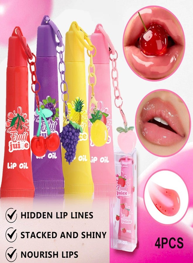 KTouler 4 Colors Hydrating Lip Gloss Keychain,Glossy Plumping Nude Fruit Flavored Lip Gloss for Girls,High Shine Finish Lip Jelly Liquid Lipstick for Women - Image 4