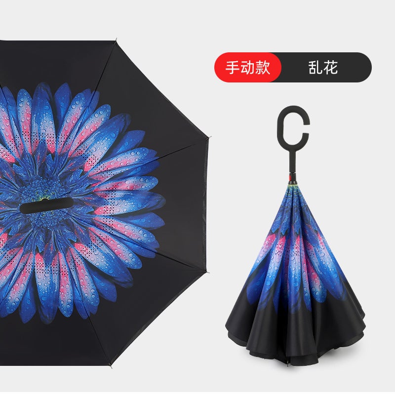 Hands-Free C-Handle Standable Reverse Umbrella Random flowers hand opening 