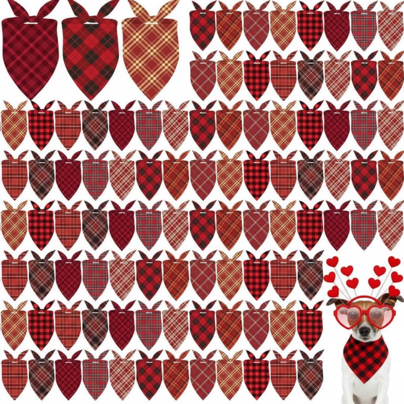 Shyyween 100 Pcs Valentine's Day Red Plaid Dog Bandanas Bulk for Dogs Soft Bibs Adjustable Triangle Bandana for Small Medium Large Pet Costume(25.6 x 17.7 x 17.7 Inch) - Image 1