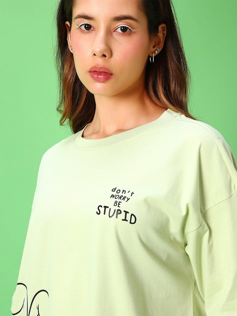 Bewakoof Cotton Women T-Shirt 1226370 Green XL, Oversized Fit - Image 5