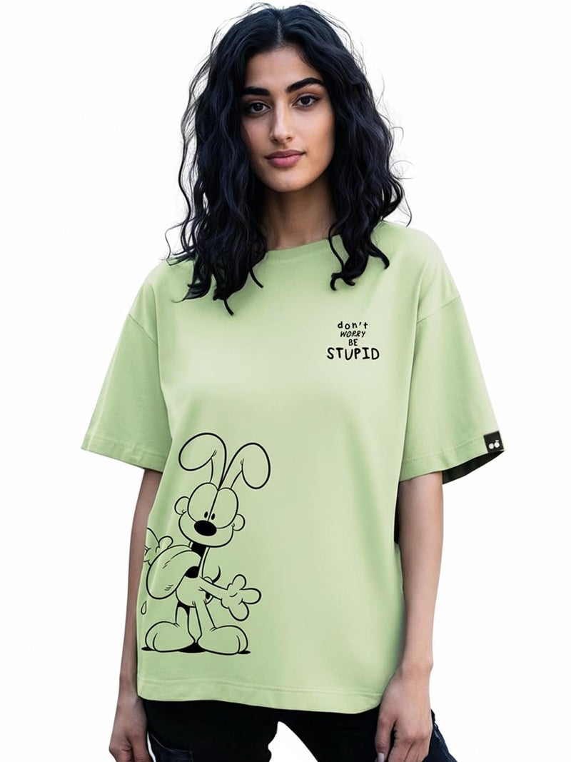 Bewakoof Cotton Women T-Shirt 1226370 Green XL, Oversized Fit - Image 1