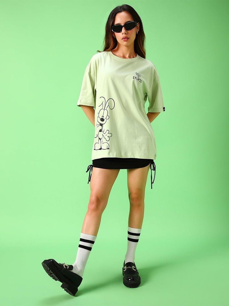 Bewakoof Cotton Women T-Shirt 1226370 Green XL, Oversized Fit - Image 4