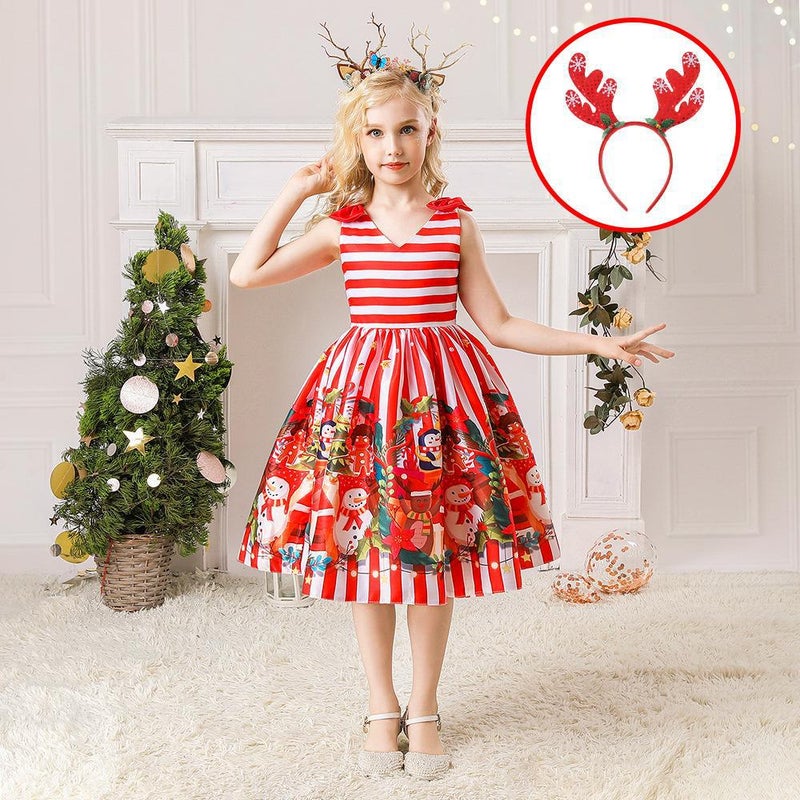 Girls Christmas Dress Christmas Dress Party Costume Childrens Cos Santa Claus Costume Princess Dress SD075-Red (with headband)