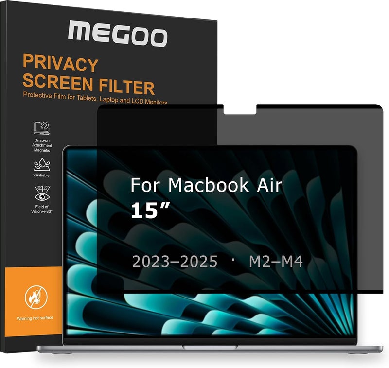 شاشة الخصوصية MEGOO لـ MacBook Air 15 بوصة، (2023-2025 / M2، M3، M4)، زاوية مشاهدة 30°، فلتر الضوء الأزرق، تشطيب مطفي، حماية العين من التوهج - حماية الأعمال المتميزة - Image 1
