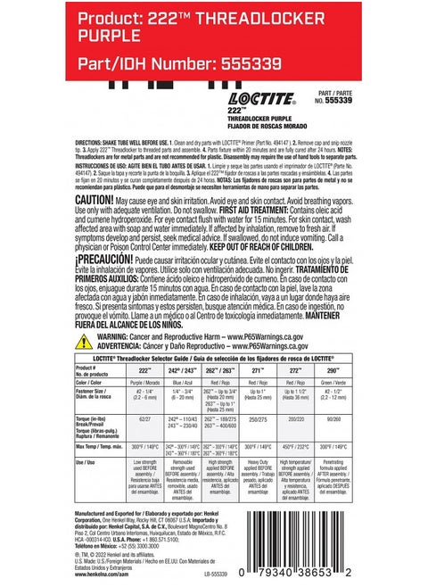 Loctite 222 Threadlocker For Automotive: High-Temperature, Low-Strength, Anaerobic, One-Piece Assembly, Non-Corrosive, Locks And Seals | Purple, 6 Ml Tube (Pn: 38653-555339)