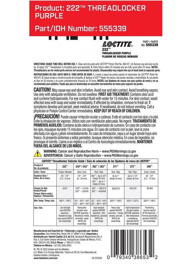 Loctite 222 Threadlocker For Automotive: High-Temperature, Low-Strength, Anaerobic, One-Piece Assembly, Non-Corrosive, Locks And Seals | Purple, 6 Ml Tube (Pn: 38653-555339)
