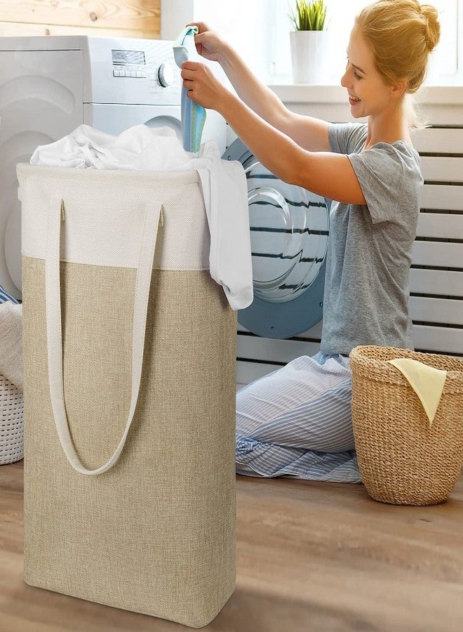 HSDT Laundry Hampers 15.2Lx7.5Wx23H Small&Tall Slim Fabric Laundry Baskets Thin Narrow Beige+Khaki Compact Hamper Capacity 43L for Space-Saving,QY-SC24-2 - Image 2