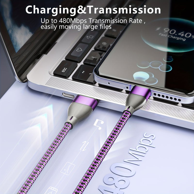 3pcs 60W Nylon Braided Fast Charging USB C Cable High Speed Data Sync Durable Round Shape Male To Male 39.3inch 79.2inch USB To Type C For Xiaomi Huawei Samsung Oneplus VIVO Macbook Ipad And Other C Connected Devices Green Blue Gray - Image 2