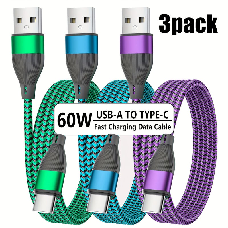 3pcs 60W Nylon Braided Fast Charging USB C Cable High Speed Data Sync Durable Round Shape Male To Male 39.3inch 79.2inch USB To Type C For Xiaomi Huawei Samsung Oneplus VIVO Macbook Ipad And Other C Connected Devices Green Blue Gray - Image 4