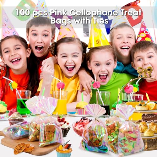 SUREHOME Cellophane Bags, 100 Pcs 6x10 Inches Clear Treat Bags with Ties Plastic Gift Bag Holographic Iridescent Pink Goodie Bag for Party Favors Wedding Candy Valentine Snack Popcorn Cookies Packing - Image 4