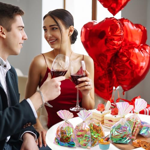 SUREHOME Cellophane Bags, 100 Pcs 6x10 Inches Clear Treat Bags with Ties Plastic Gift Bag Holographic Iridescent Pink Goodie Bag for Party Favors Wedding Candy Valentine Snack Popcorn Cookies Packing - Image 5
