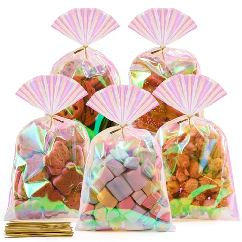 SUREHOME Cellophane Bags, 100 Pcs 6x10 Inches Clear Treat Bags with Ties Plastic Gift Bag Holographic Iridescent Pink Goodie Bag for Party Favors Wedding Candy Valentine Snack Popcorn Cookies Packing - Image 1
