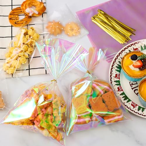 SUREHOME Cellophane Bags, 100 Pcs 6x10 Inches Clear Treat Bags with Ties Plastic Gift Bag Holographic Iridescent Pink Goodie Bag for Party Favors Wedding Candy Valentine Snack Popcorn Cookies Packing - Image 2