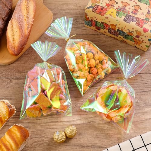 SUREHOME Cellophane Bags, 100 Pcs 6x10 Inches Clear Treat Bags with Ties Plastic Gift Bag Holographic Iridescent Pink Goodie Bag for Party Favors Wedding Candy Valentine Snack Popcorn Cookies Packing - Image 3